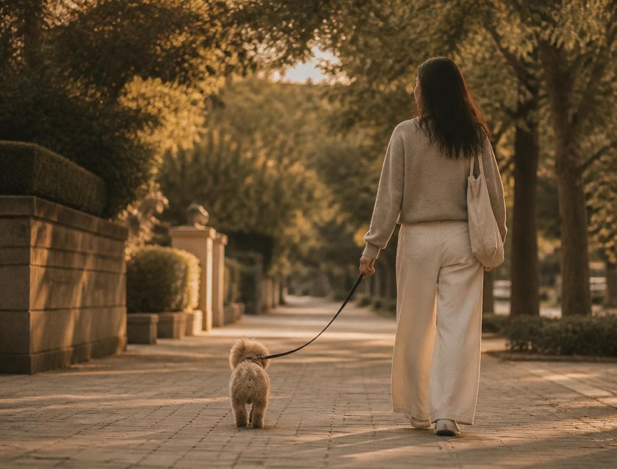 Mujer paseando a un perro pequeño por una vereda arbolada al atardecer